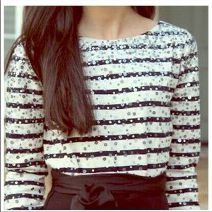 J.Crew long sleeve sequin navy blue and ivory striped top